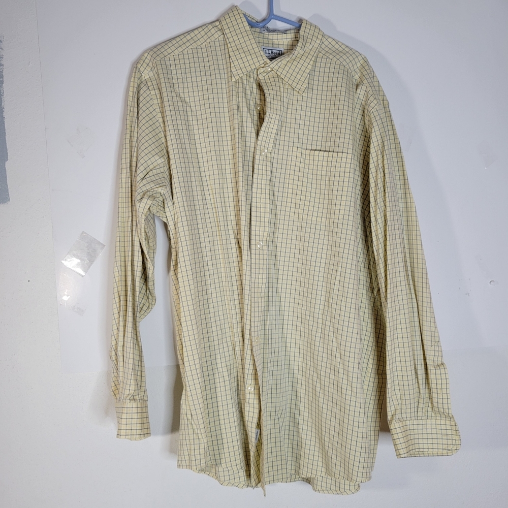 Mens LL Bean Long Sleeve Button front Yellow/Blue Plaid 18 Neck 37 Sleeve